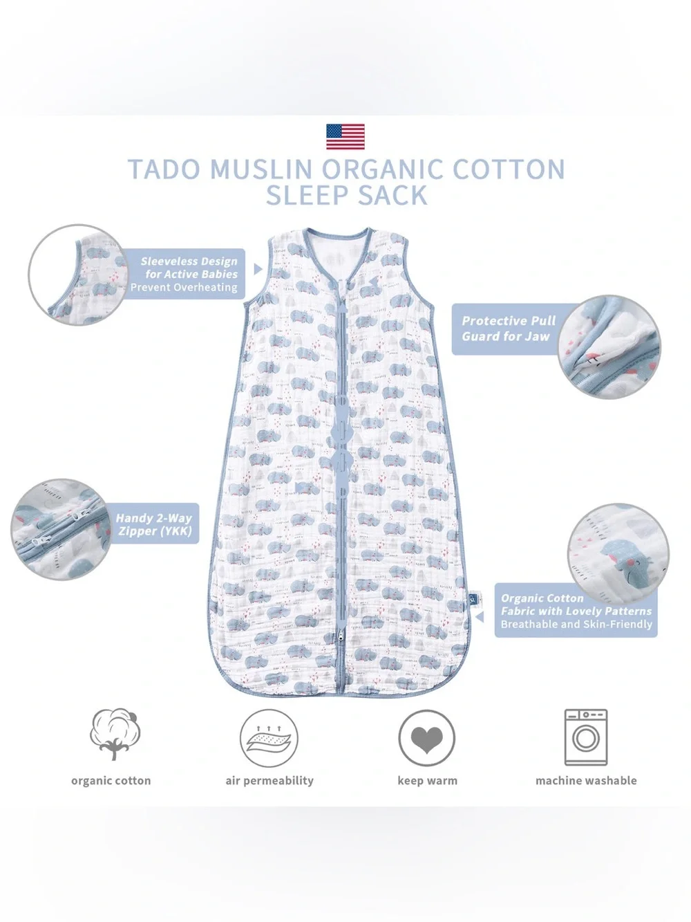 Tado Muslin Organic Cotton Rhino Baby Sleep Sack Wearable Blanket Organic Cotton